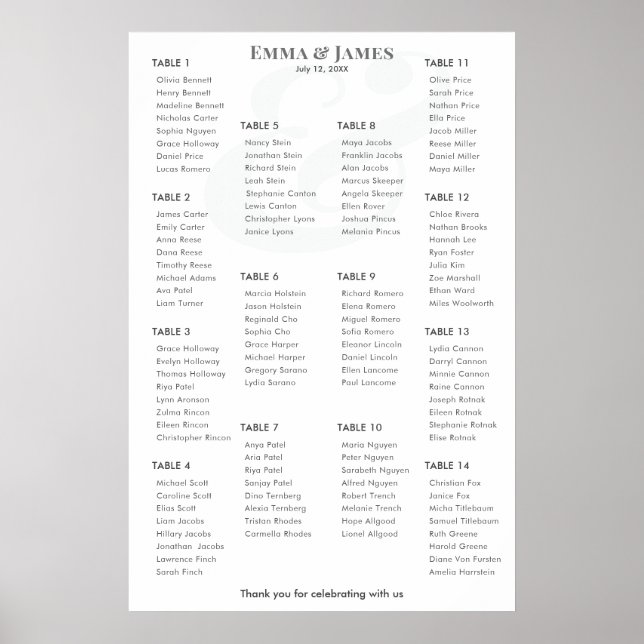 Póster Minimalist Ampersand Wedding | Seating Chart 14 (Frente)