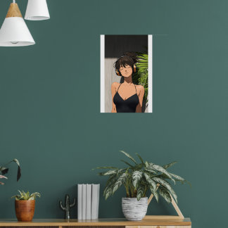 Póster Minimalist Anime Girl Relaxing with Headphones