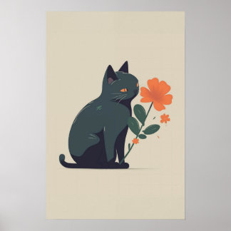 Póster Minimalist Black Cat Flower 