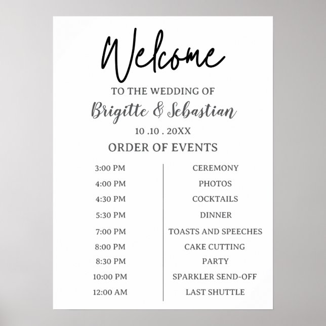Póster Minimalist Black & White Wedding Welcome Timeline (Frente)