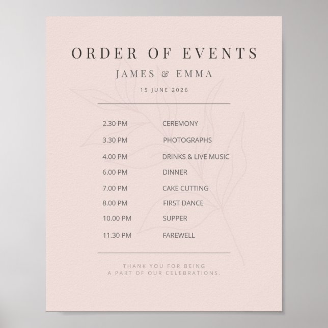 Póster Minimalist Botanical Wedding Sign | Warm Blush (Frente)