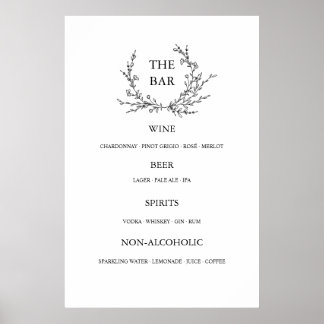 Póster Minimalist Floral Line Art Wedding Open Bar Menu