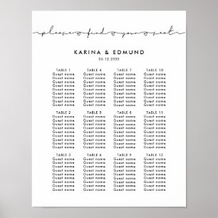 Póster Minimalist handwritten wedding seating chart
