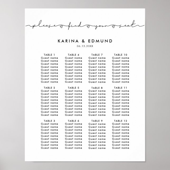 Póster Minimalist handwritten wedding seating chart (Frente)