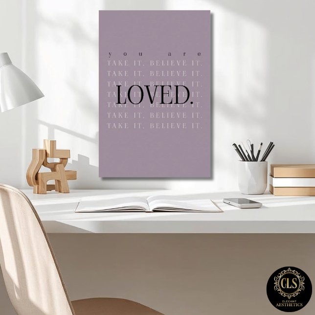 Póster Minimalist Love Quote Poster Print - mauve (closeup of office desk and Minimalist Love Quote Poster Print in purple on wall)