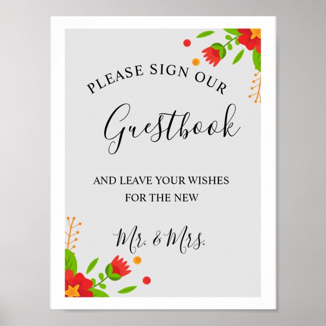Póster Minimalist Simple Modern Floral Wedding Guestbook (Frente)