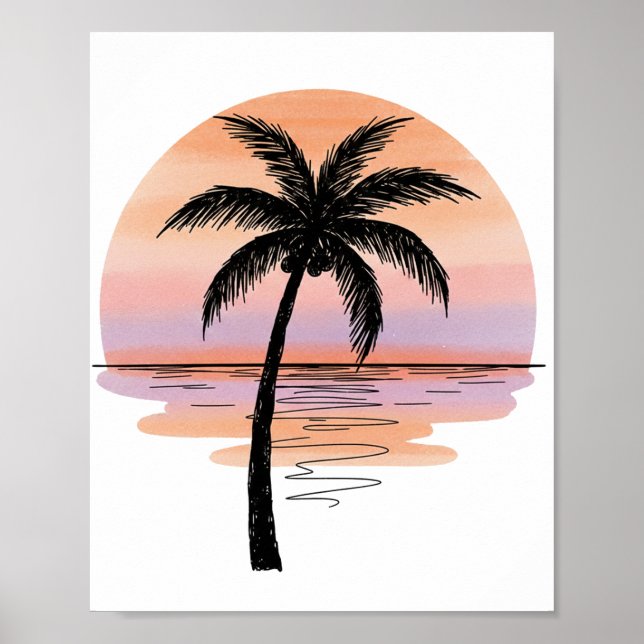 Póster Minimalist Sunset Beach Poster – Palm Tree Ocean (Frente)