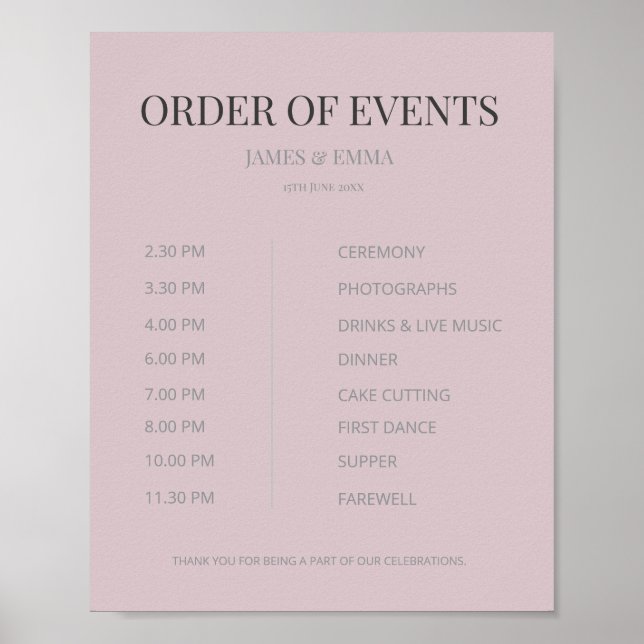 Póster Minimalist Wedding Order of Events Dusky Rose (Frente)