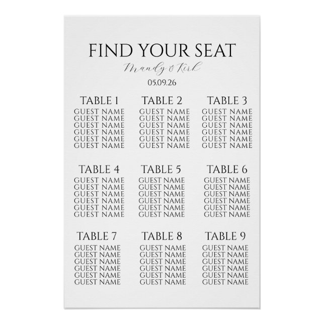 Póster Minimalist Wedding Seating Chart | Custom Modern  (Anverso)