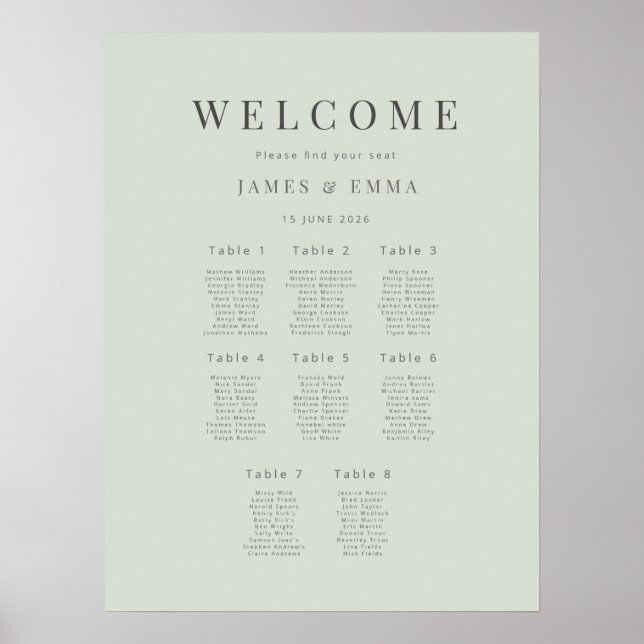 Póster Minimalist Wedding Seating Plan(8) Pale Sage (Frente)