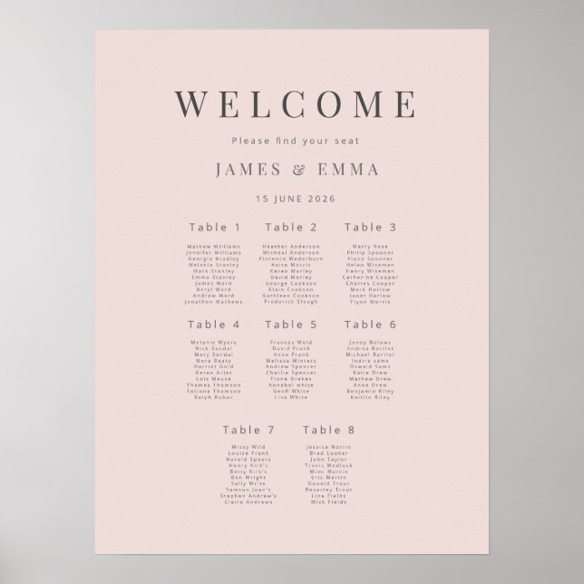 Póster Minimalist Wedding Seating Plan (8) Warm Blush (Frente)