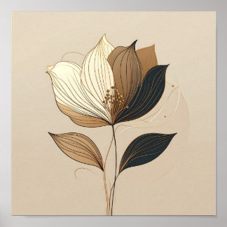 Póster Minimalista moderno oro & negro floral botánico Li