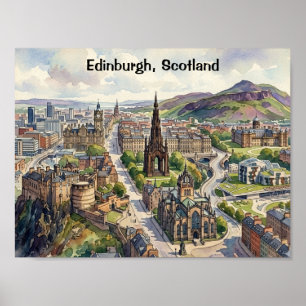 Póster Mínimo Edimburgo Escocia Vista Ciudad Acuarela