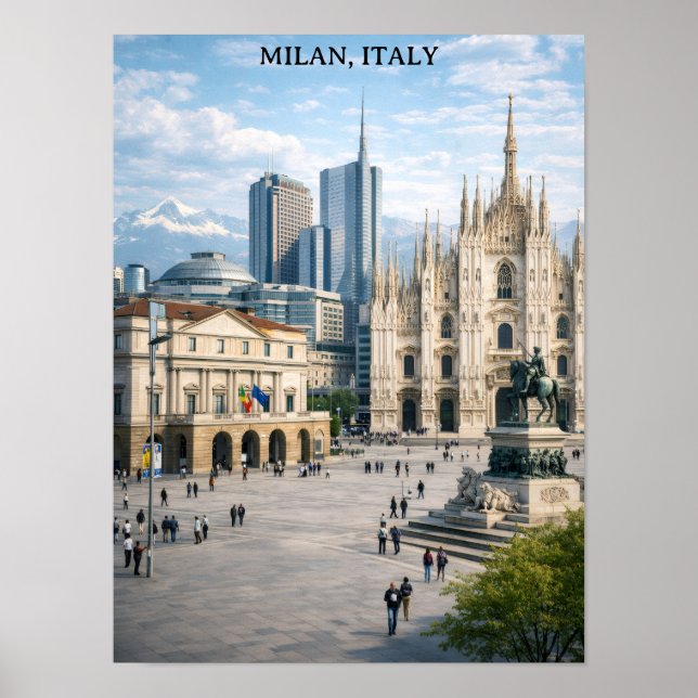 Póster Mínimo Milán Italia Vista de la Ciudad Monumentos (Frente)