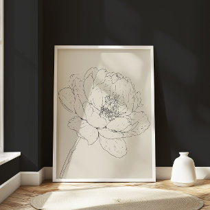 Póster Mínimo Vintage Peony Floral Line Art Crema Negra