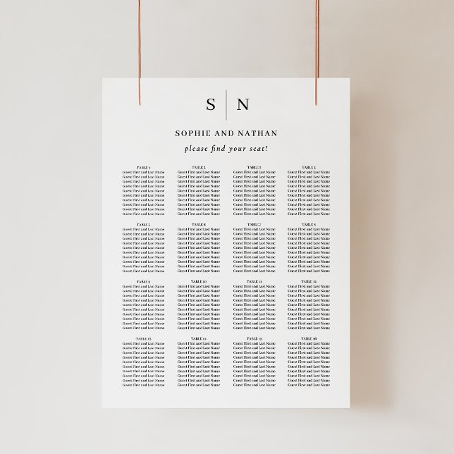 Póster Mínimo y Moda | Tabla de asientos del Boda (A simple and modern wedding seating chart in black and white)