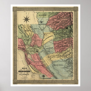 Póster Mining in California Map - 1851