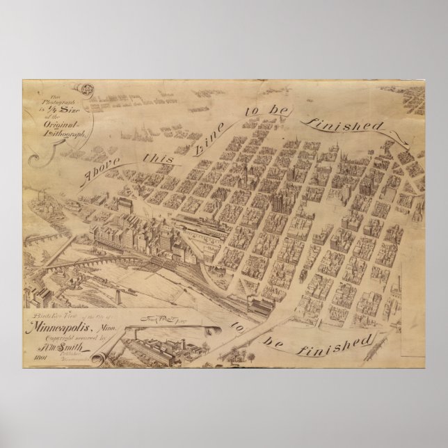 Póster Minneapolis Minnesota 1891 Antique Panoramic Map (Frente)