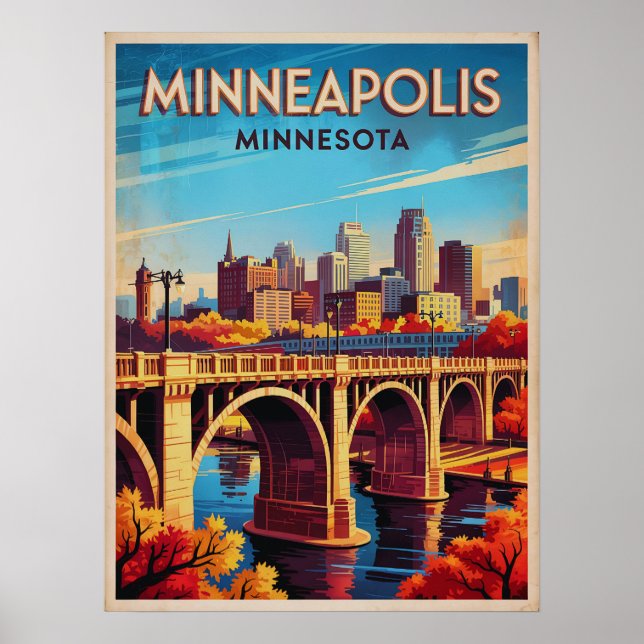 Póster Minneapolis Minnesota Retro Skyline Art (Frente)