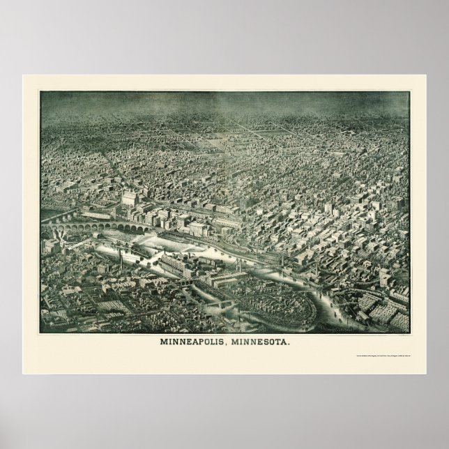Póster Minneapolis, MN Mapa Panorámico - 1879 (Frente)