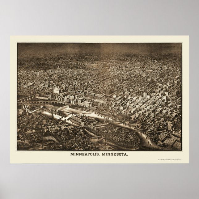 Póster Minneapolis, MN Mapa Panorámico - 1885 (Frente)