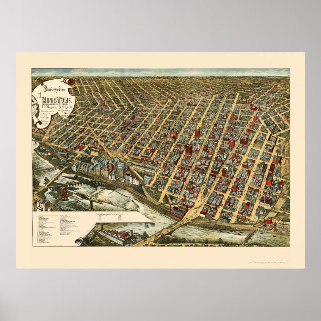 Póster Minneapolis, MN Mapa Panorámico - 1891 (Frente)