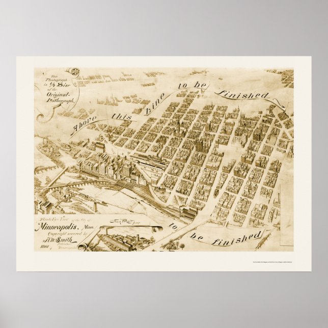 Póster Minneapolis, MN Mapa Panorámico - 1891 (Frente)