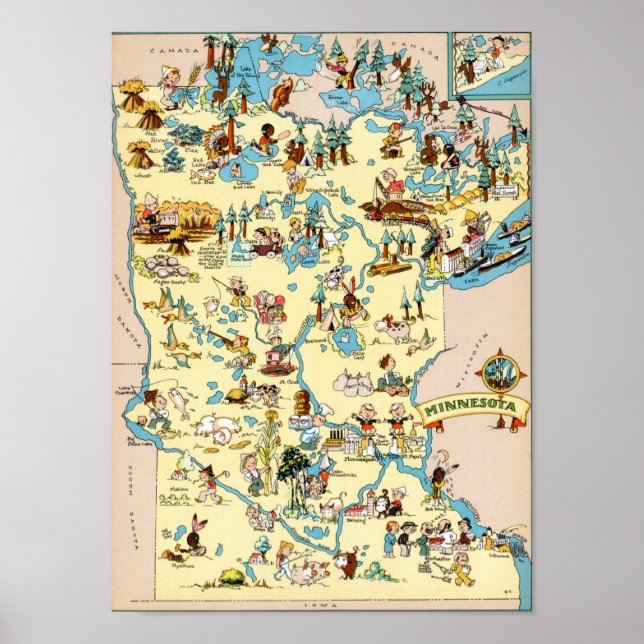 Póster Minnesota Funny Vintage Map (Frente)
