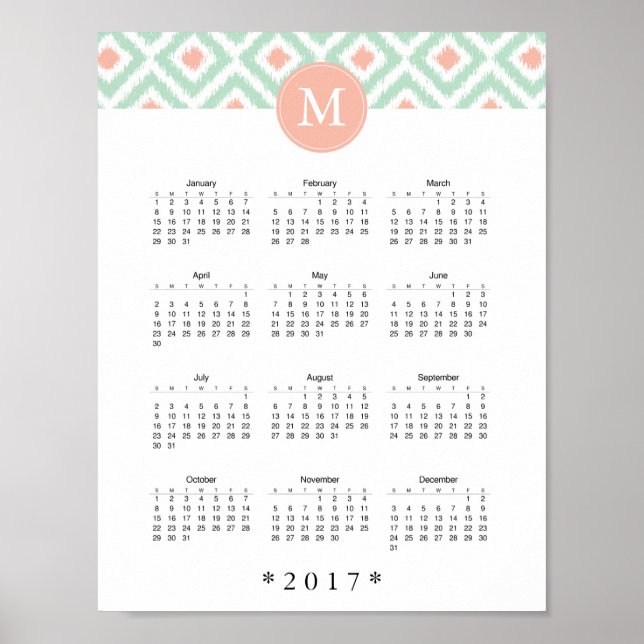 Póster Mint and Coral Ikat Pattern 2017 Calendar (Frente)