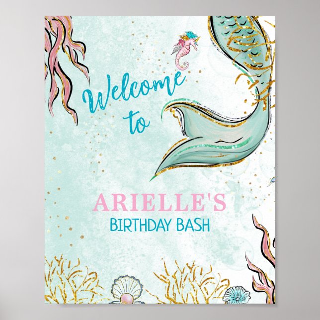 Póster Mint Glitter Mermaid tail under the sea Welcome  (Frente)