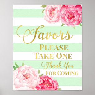 Póster Mint Gold Pink Watercolor Floral Favors Sign