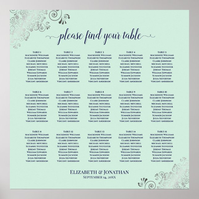 Póster Mint Green & Navy 15 Tabla de asientos para Bodas  (Frente)