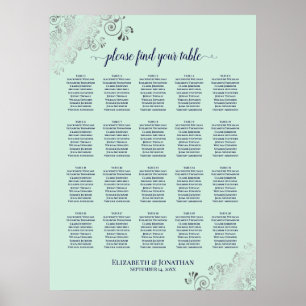 Póster Mint Green & Navy 20 Tabla de asientos Boda