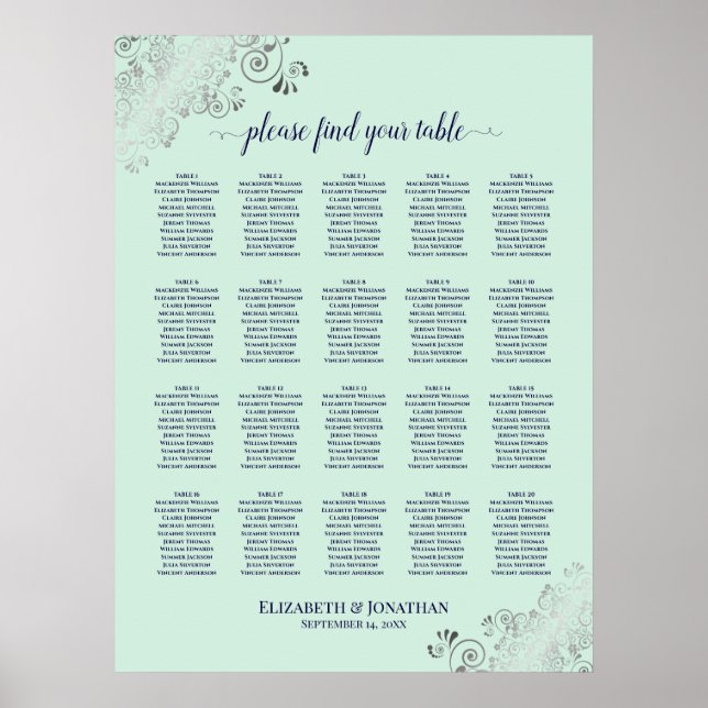 Póster Mint Green & Navy 20 Tabla de asientos Boda (Frente)