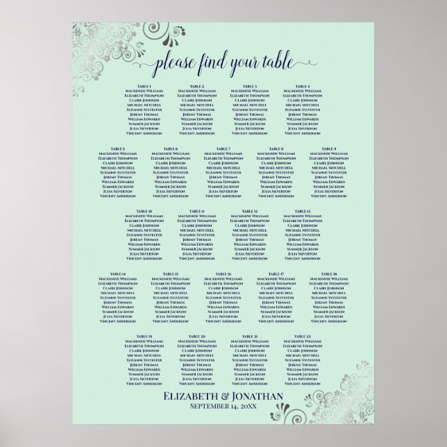 Póster Mint Green & Navy 22 Tabla de asientos para Bodas  (Frente)