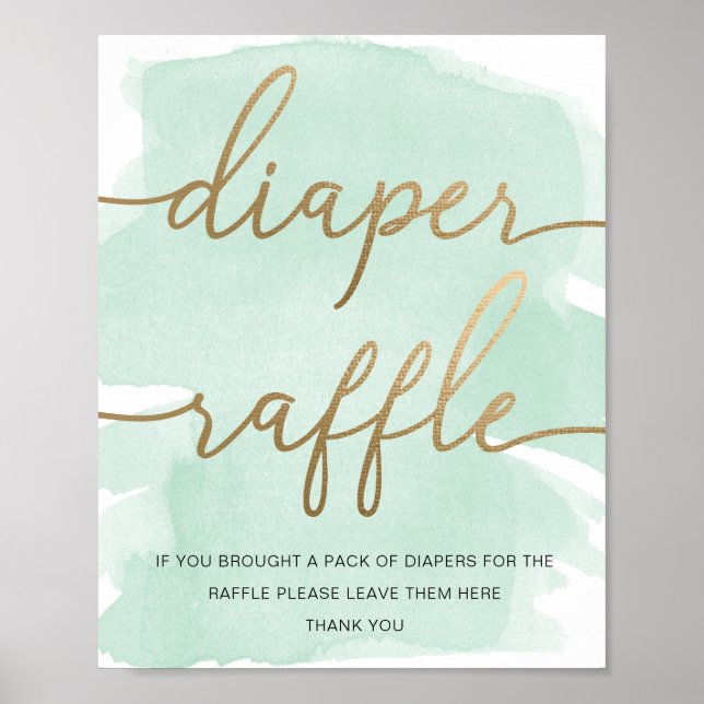 Póster Mint Green Watercolor Gold Diaper Raffle (Frente)