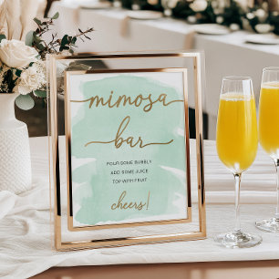 Póster Mint Green Watercolor Gold Mimosa Bar Rótulo