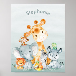 Póster Mint gris acuarela Cute Safari Jungle Animales