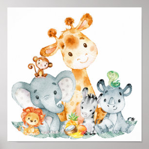 Póster Mint gris acuarela Cute Safari Jungle Animales