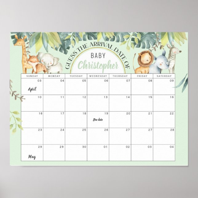 Póster Mint safari lindo jungla bebé ducha calendario jue (Frente)