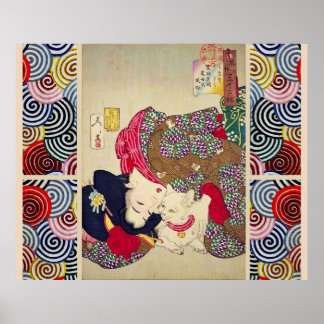 PÓSTER MIRANDO CANSANTE, JAPONESA CON GATO BLANCO