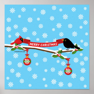 Póster Mirlo y cardenal lindos en rama - FELIZ NAVIDAD