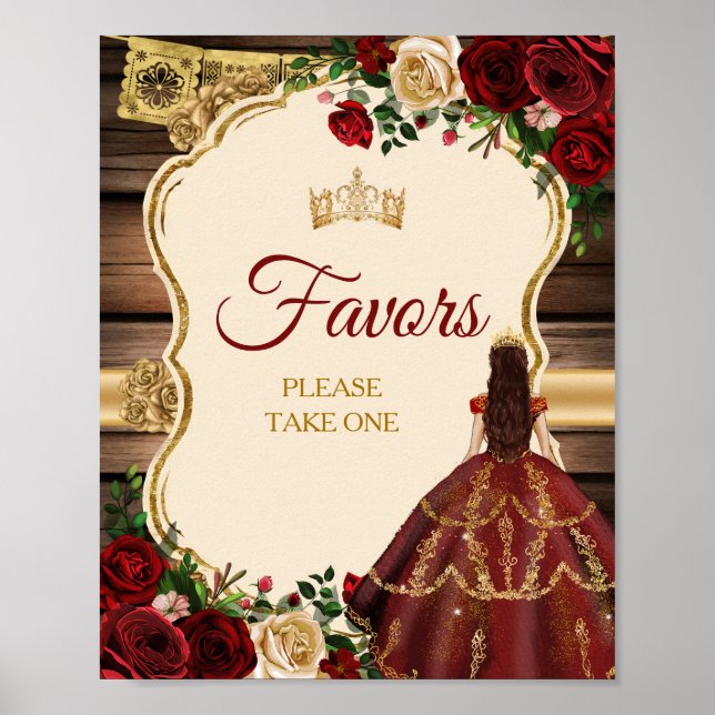 Póster Mis Quince Borgoña Floral Rústica Favor (Frente)