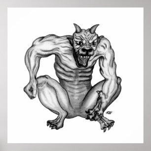 Póster Mischwesen Golem Teufel schwarz-weiß design