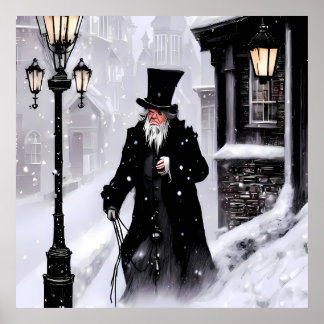 Póster Miserly Ebenezer Scrooge Snowy Victorian Street