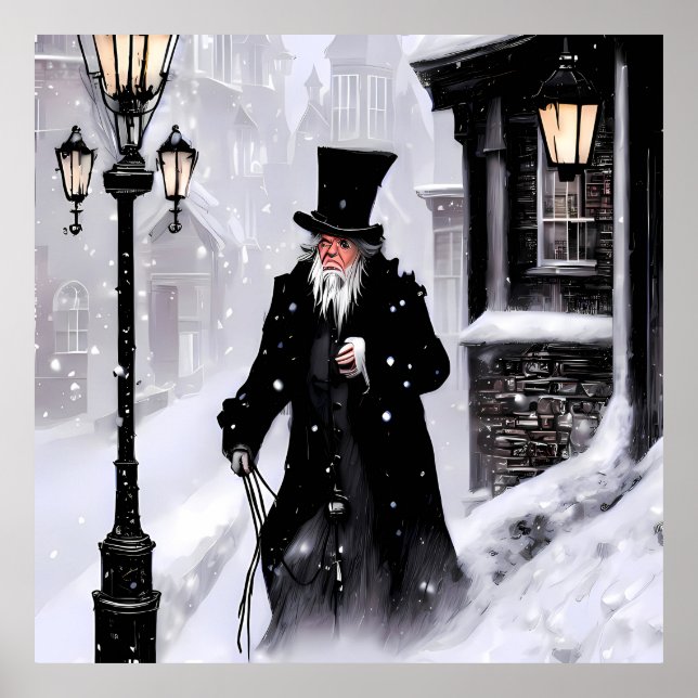 Póster Miserly Ebenezer Scrooge Snowy Victorian Street (Frente)