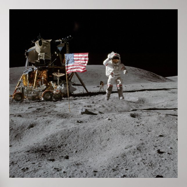 Póster Misión Apolo Moon, astronauta y bandera estadounid (Frente)