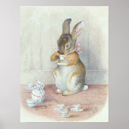 Póster Miss Bunny bebiendo té para pared de guardería