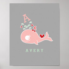 Póster Miss Whale Red Bow Monograma Chica Nursery Wall Ar
