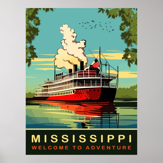 Póster Mississippi, crucero en barco de vapor, viaje en v (Frente)